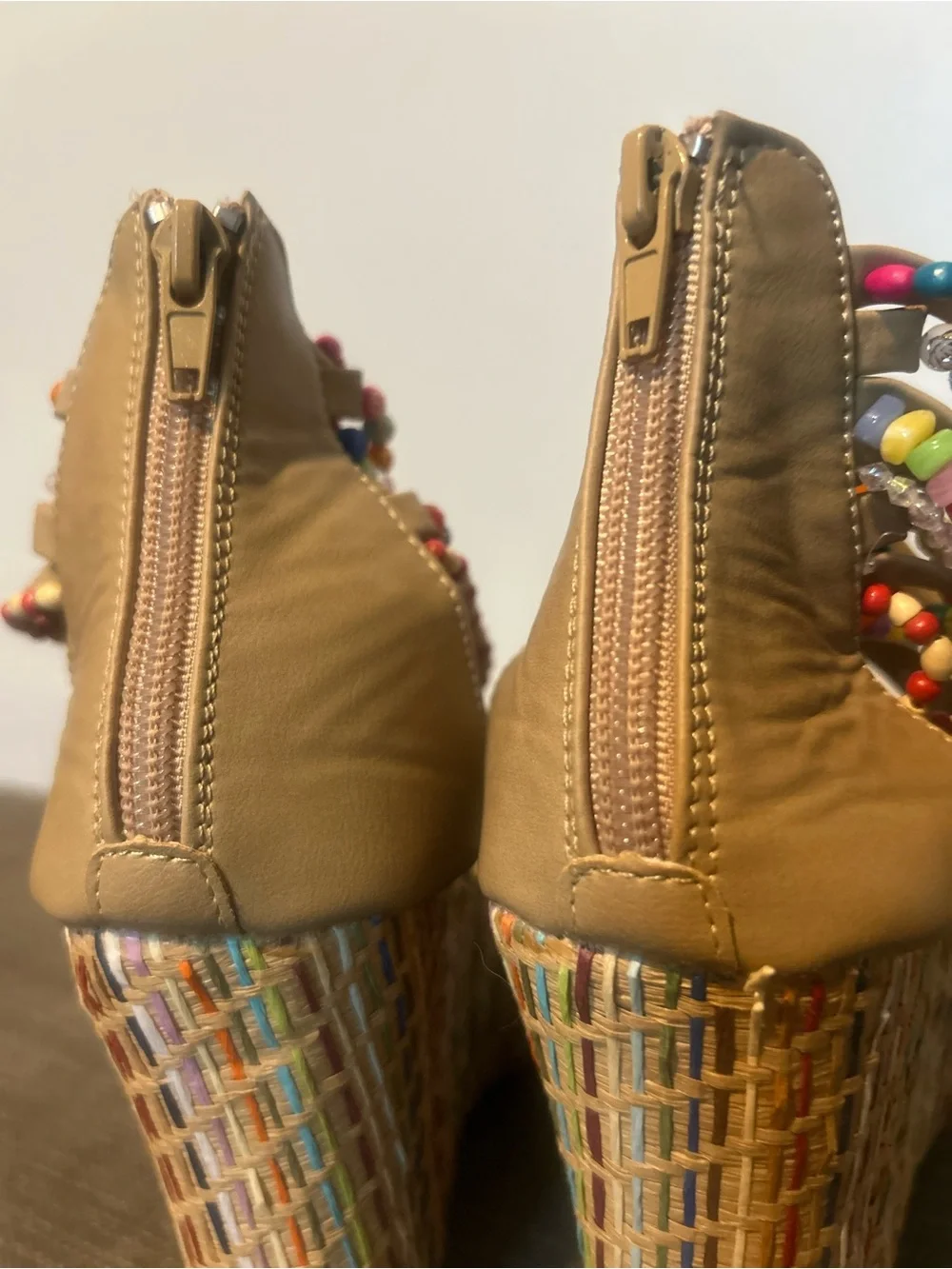 Getmorebeauty Women’s Tan Wedge Sandals with Multicolor Beaded Straps